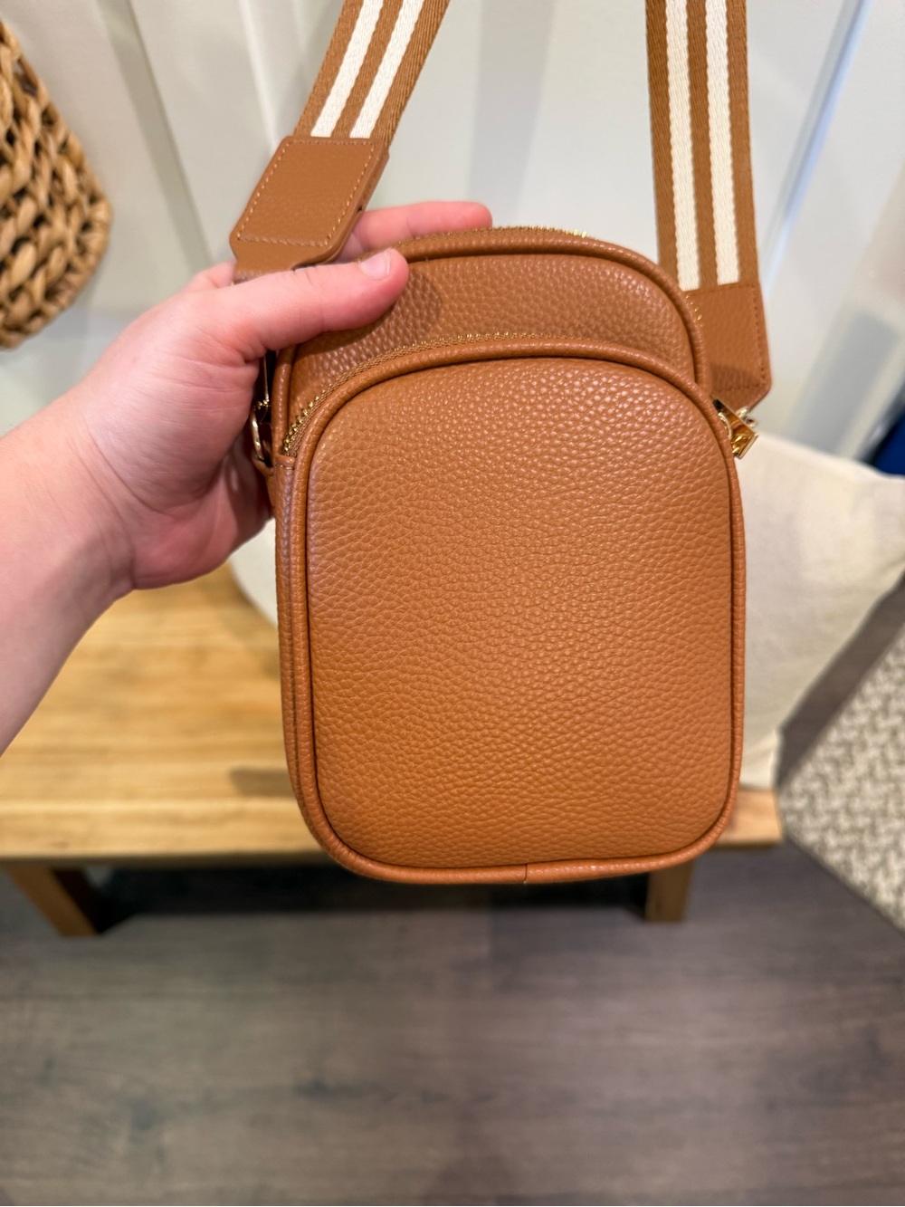 Mali + Lili Tan Crossbody Phone Bag with Striped Adjustable Strap EUC